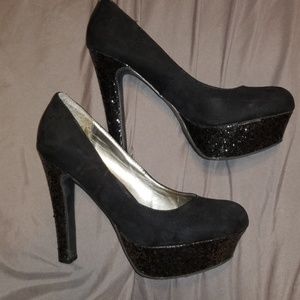 Guess Black Suede and Glitter Platform Heels